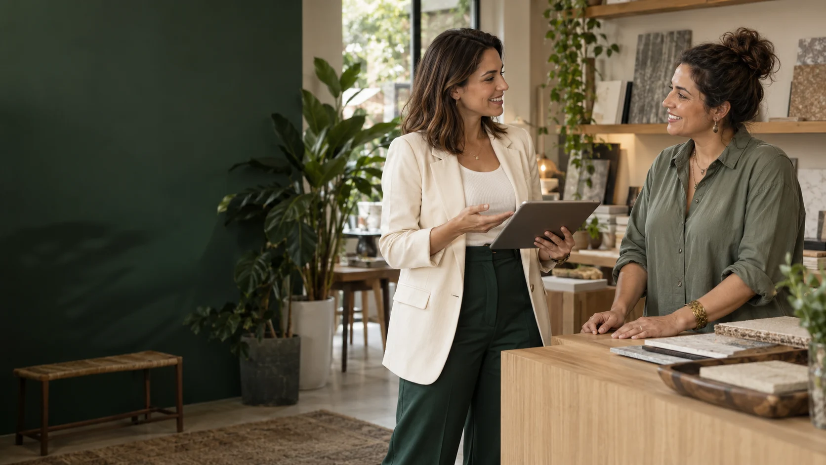 Duas profissionais conversando durante uma visita comercial a uma pequena empresa